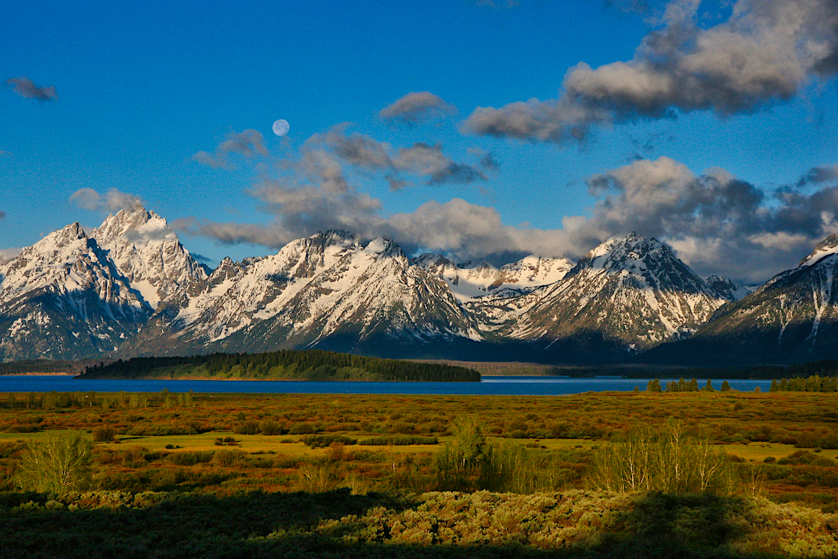 Grant Teton NP Sunrise with moon over mountains