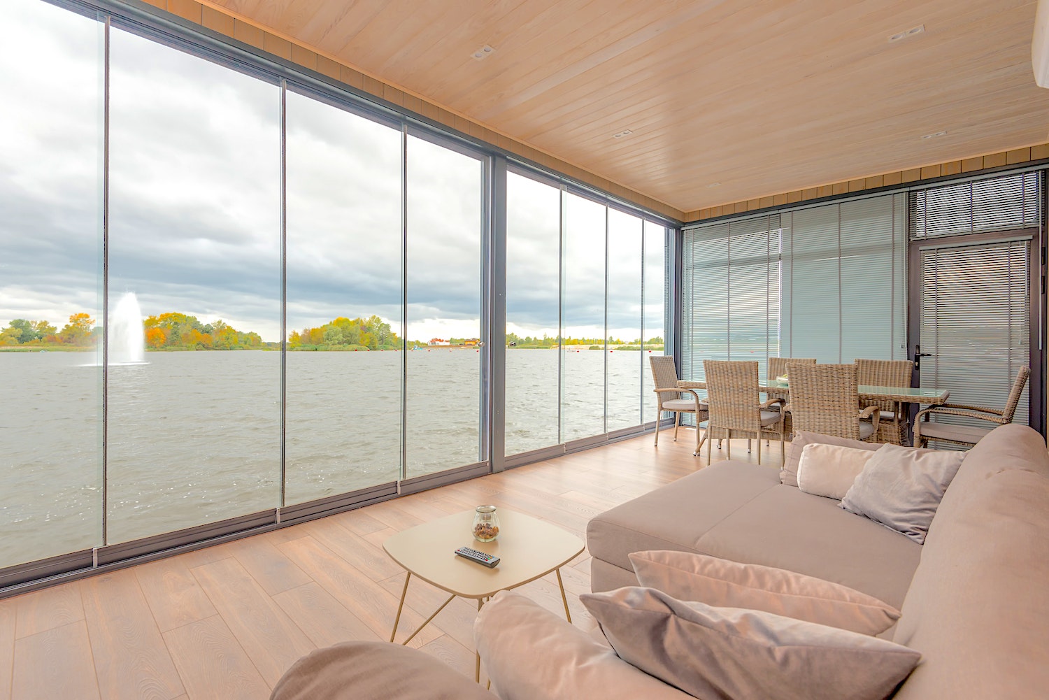 Modern Lakefront Home Interior Looking Out to Lake